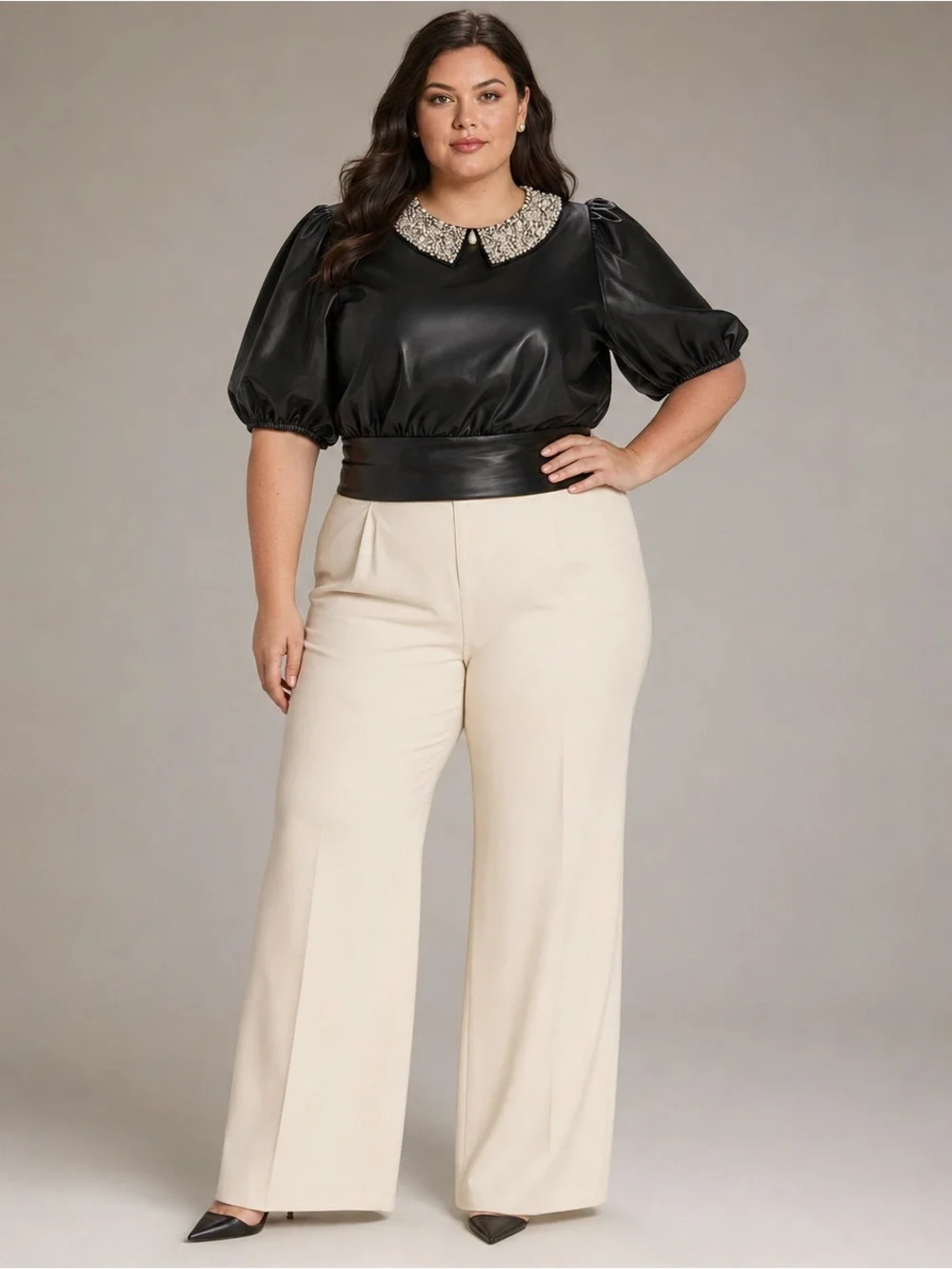 Anthropologie Maeve Faux Leather Embellished Pearl Collar Puff Sleeve Top